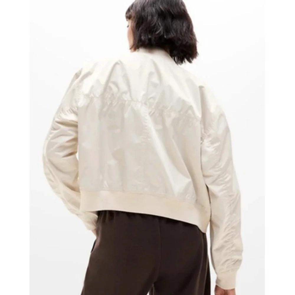 Athleta Bomber Jacket Women Large Tall White Full Zip Windbreaker Lined Athletic